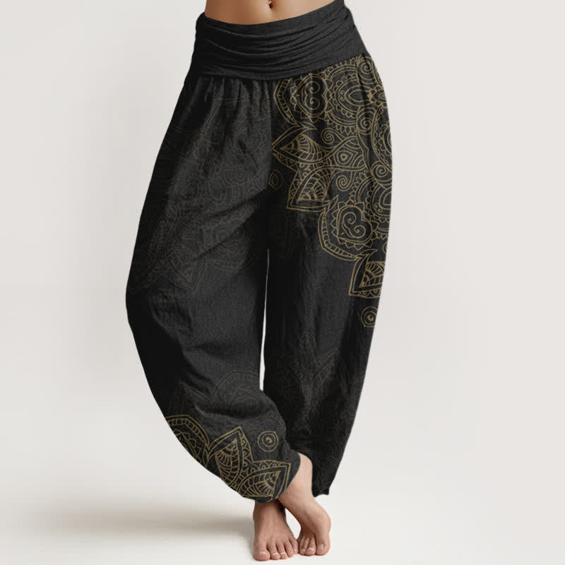Buddha Stones Pantaloni harem da donna in cotone stile vintage con motivo mandala a vite e elastico in vita. - Nero - US16, UK/AU20, EU48 (3XL) - image 0