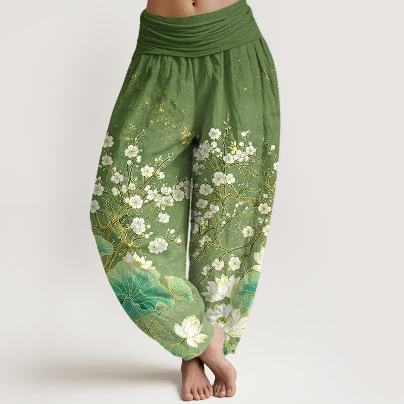 Buddha Stones Pantaloni harem da donna in cotone con motivo floreale di loto e elastico in vita. - Verde oliva - US16, UK/AU20, EU48 (3XL) - image 0