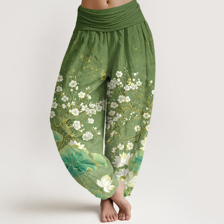 Buddha Stones Pantaloni harem da donna in cotone con motivo floreale di loto e elastico in vita. - Verde oliva - US16, UK/AU20, EU48 (3XL) - image 0