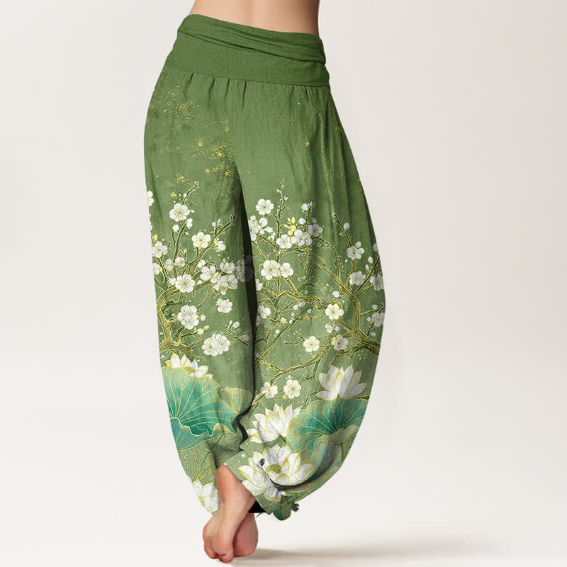 Buddha Stones Pantaloni harem da donna in cotone con motivo floreale di loto e elastico in vita. - image 2