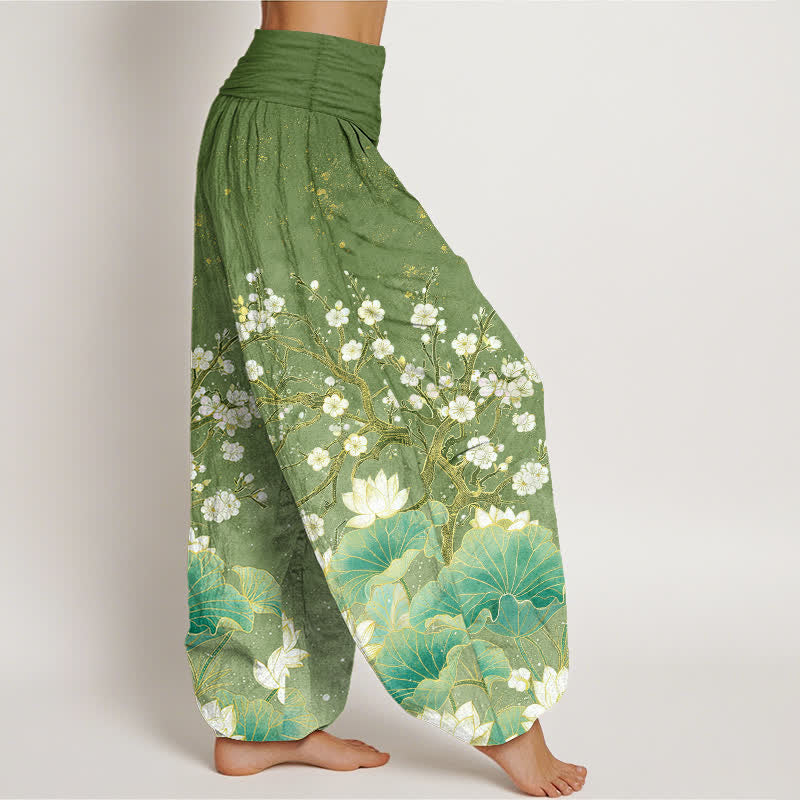 Buddha Stones Pantaloni harem da donna in cotone con motivo floreale di loto e elastico in vita. - image 1