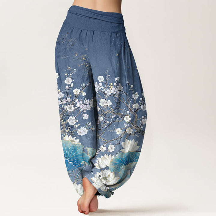 Buddha Stones Pantaloni harem da donna in cotone con motivo floreale di loto e elastico in vita. - image 7