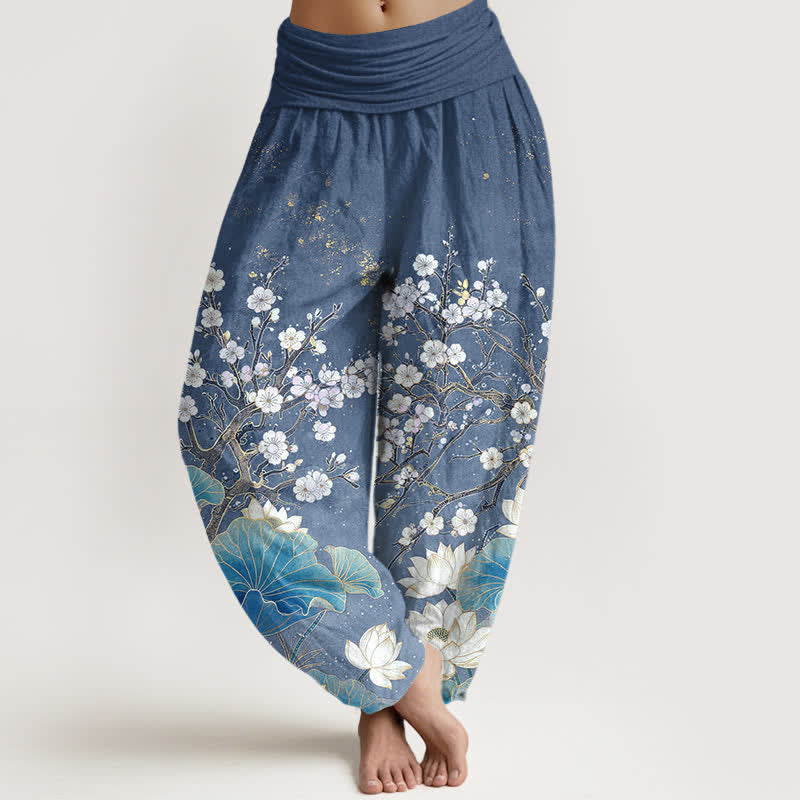 Buddha Stones Pantaloni harem da donna in cotone con motivo floreale di loto e elastico in vita. - SteelBlue - US16, UK/AU20, EU48 (3XL) - image 5