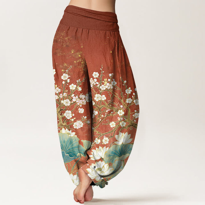 Buddha Stones Pantaloni harem da donna in cotone con motivo floreale di loto e elastico in vita. - image 10