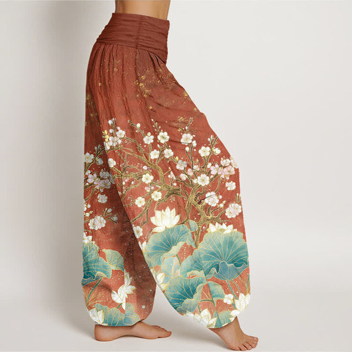 Buddha Stones Pantaloni harem da donna in cotone con motivo floreale di loto e elastico in vita. - image 9