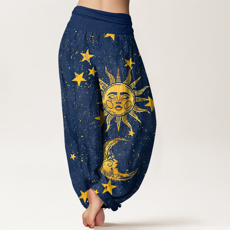 Buddha Stones Pantaloni harem da donna in cotone con motivo sole dorato e stelle, con elastico in vita. - image 1