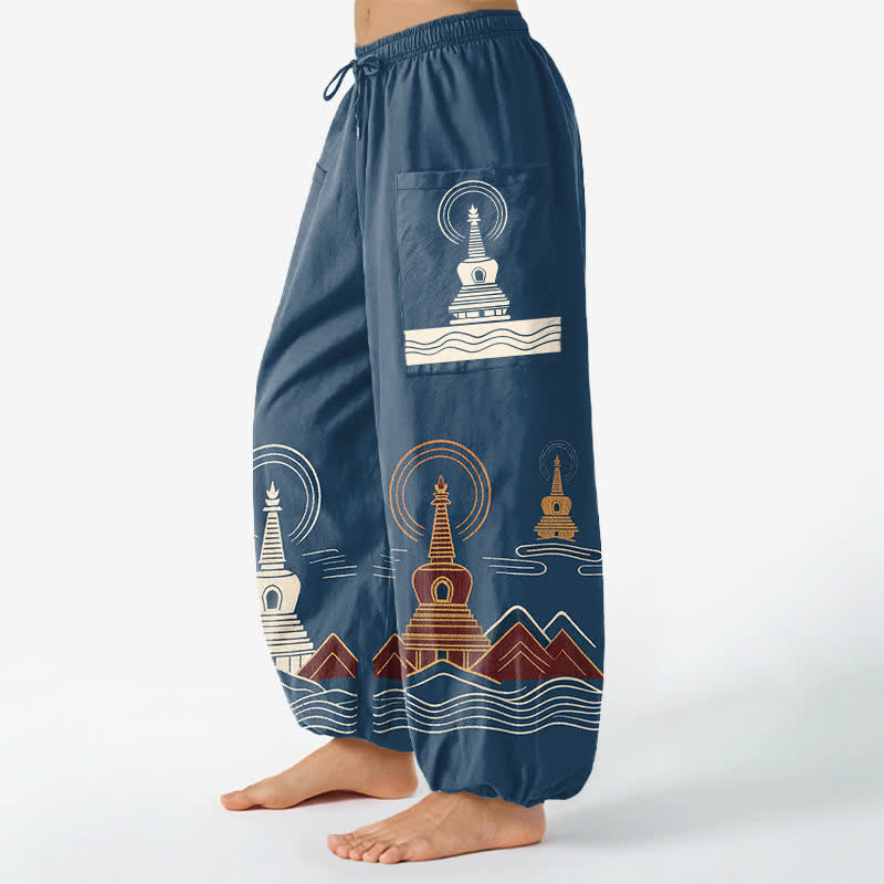 Buddha Stones Pantaloni harem da donna in cotone con motivo paesaggistico a pagoda vintage, vita elasticizzata e tasche laterali. - image 1