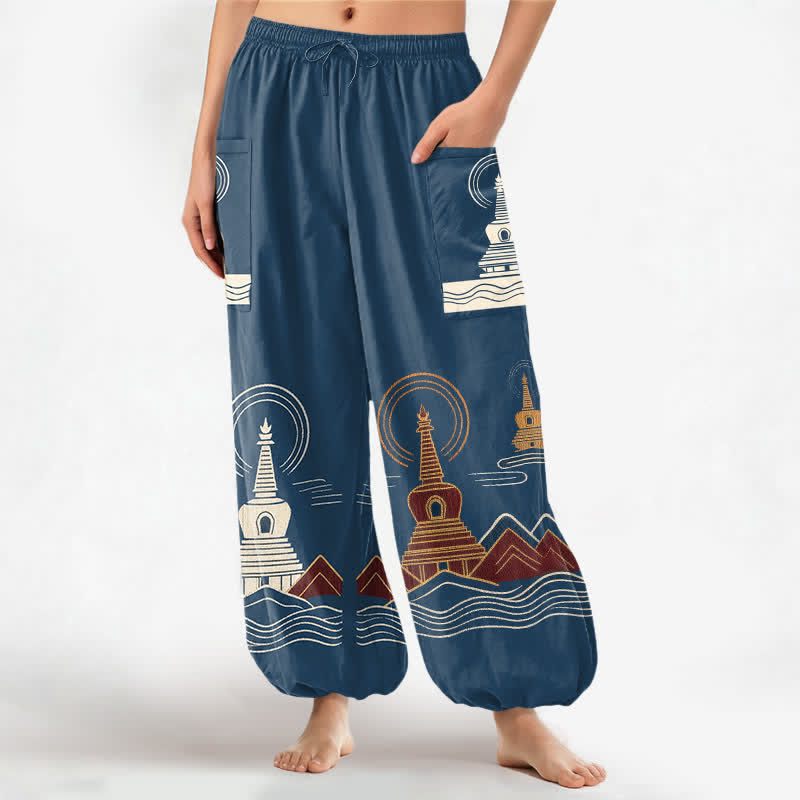 Buddha Stones Pantaloni harem da donna in cotone con motivo paesaggistico a pagoda vintage, vita elasticizzata e tasche laterali. - SteelBlue - US16, UK/AU20, EU48 (3XL) - image 0