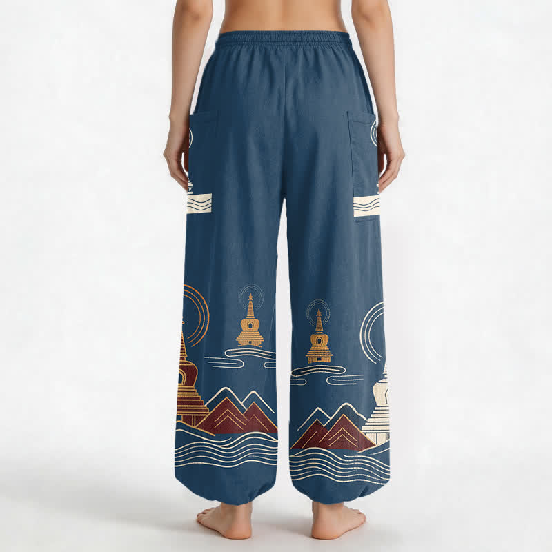 Buddha Stones Pantaloni harem da donna in cotone con motivo paesaggistico a pagoda vintage, vita elasticizzata e tasche laterali. - image 2