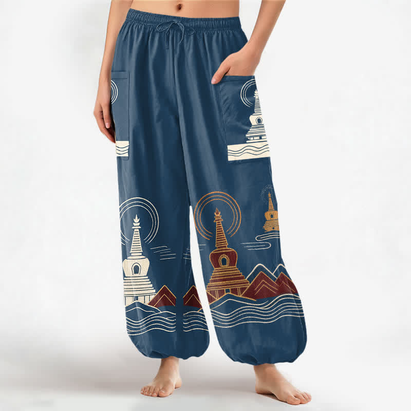 Buddha Stones Pantaloni harem da donna in cotone con motivo paesaggistico a pagoda vintage, vita elasticizzata e tasche laterali. - SteelBlue - US16, UK/AU20, EU48 (3XL) - image 0