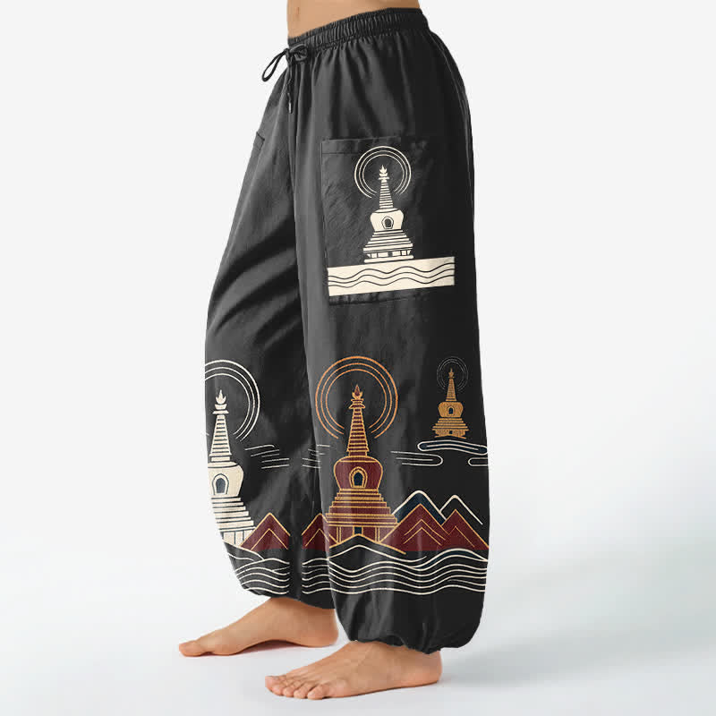 Buddha Stones Pantaloni harem da donna in cotone con motivo paesaggistico a pagoda vintage, vita elasticizzata e tasche laterali. - image 8