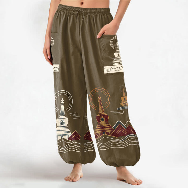 Buddha Stones Pantaloni harem da donna in cotone con motivo paesaggistico a pagoda vintage, vita elasticizzata e tasche laterali. - Oliva - US16, UK/AU20, EU48 (3XL) - image 10