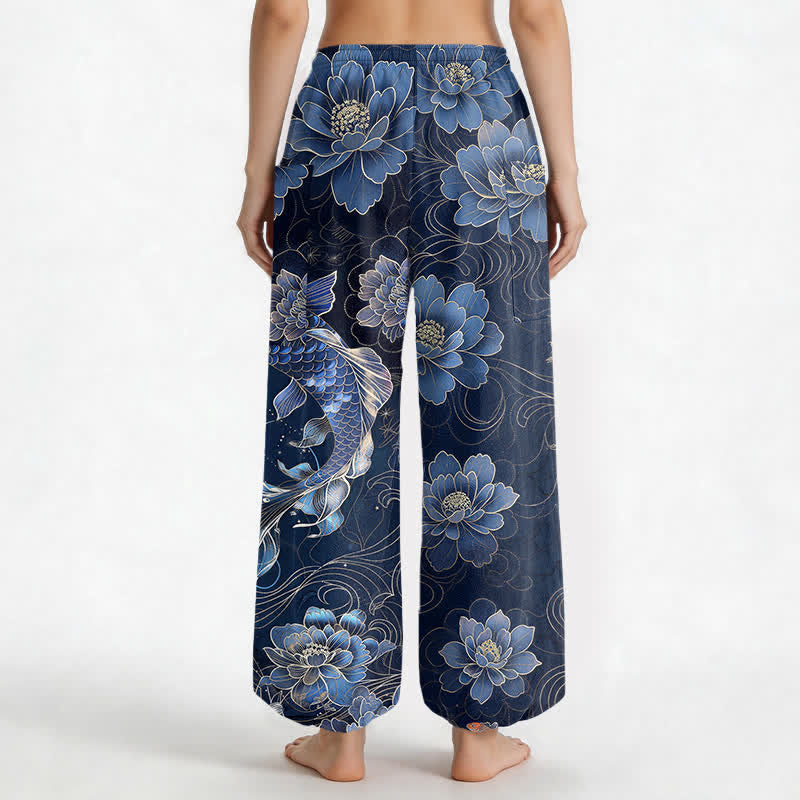 Buddha Stones Pantaloni harem da donna in cotone con elastico in vita e motivo artistico di carpe koi e peonie, con tasche laterali. - image 2