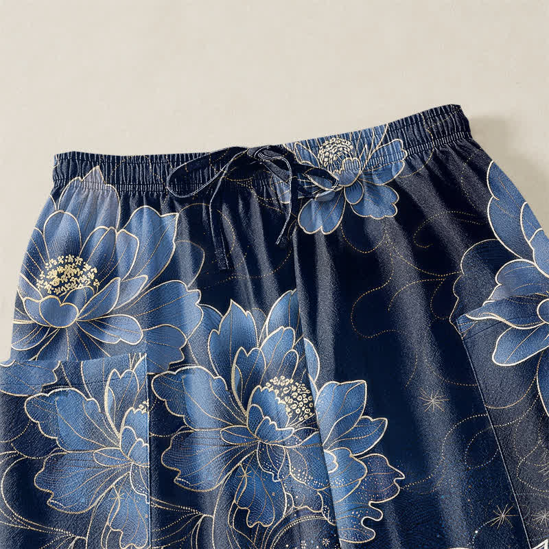 Buddha Stones Pantaloni harem da donna in cotone con elastico in vita e motivo artistico di carpe koi e peonie, con tasche laterali. - image 5