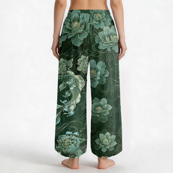 Buddha Stones Pantaloni harem da donna in cotone con elastico in vita e motivo artistico di carpe koi e peonie, con tasche laterali. - image 9