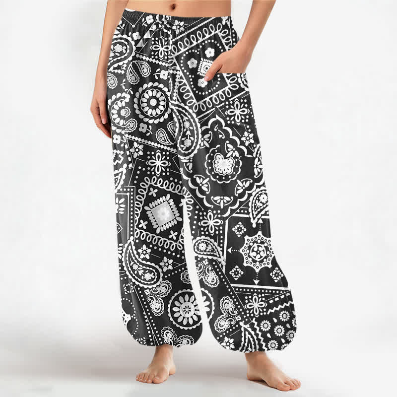 Buddha Stones Pantaloni harem da donna in cotone stile bohémien con fantasia paisley e bandana, vita elasticizzata e tasche laterali. - Nero - US16, UK/AU20, EU48 (3XL) - image 0