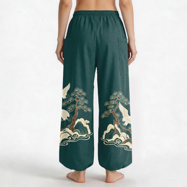Buddha Stones Pantaloni harem da donna in cotone con motivo a gru e pino orientale, vita elasticizzata e tasche laterali. - image 2
