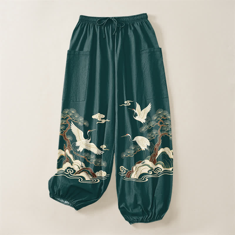 Buddha Stones Pantaloni harem da donna in cotone con motivo a gru e pino orientale, vita elasticizzata e tasche laterali. - image 3