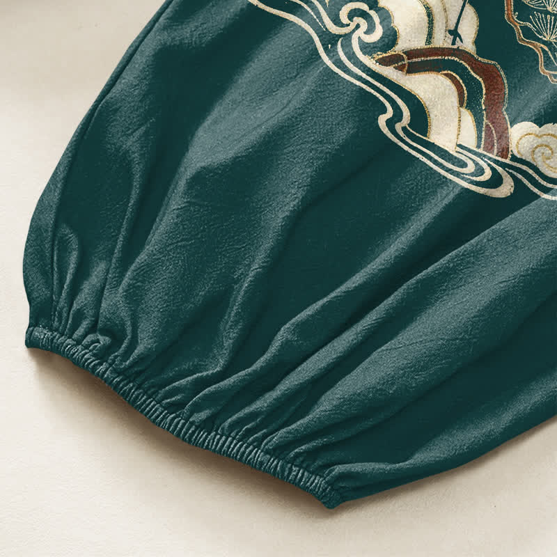Buddha Stones Pantaloni harem da donna in cotone con motivo a gru e pino orientale, vita elasticizzata e tasche laterali. - image 6