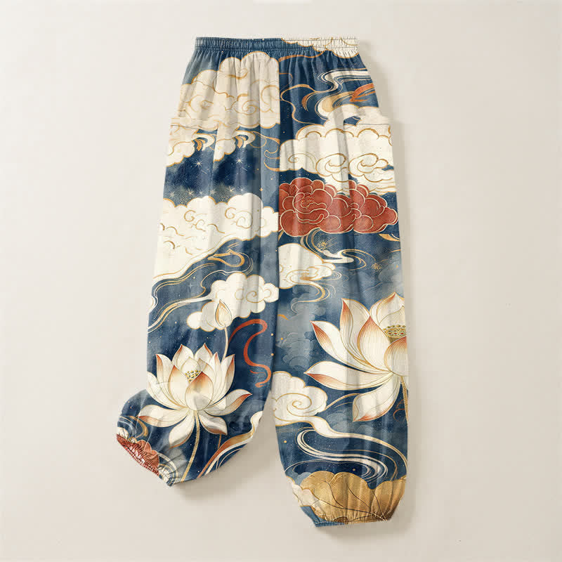 Buddha Stones Pantaloni harem da donna in cotone con motivo orientale di loto e nuvole, vita elasticizzata e tasche laterali. - image 4