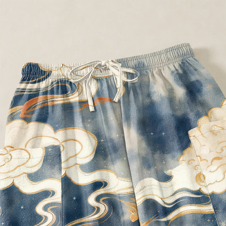 Buddha Stones Pantaloni harem da donna in cotone con motivo orientale di loto e nuvole, vita elasticizzata e tasche laterali. - image 5