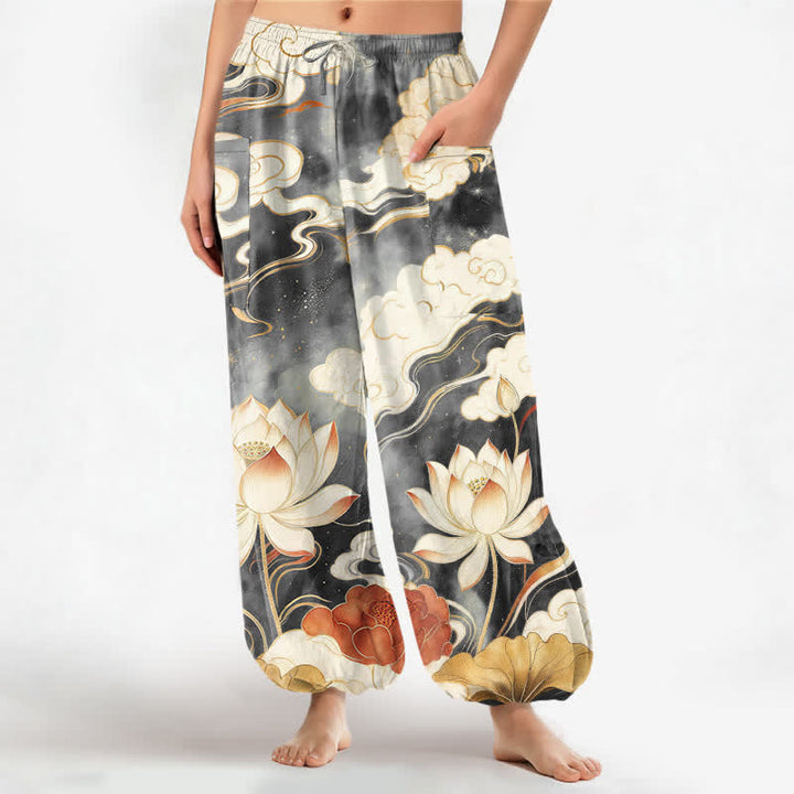 Buddha Stones Pantaloni harem da donna in cotone con motivo orientale di loto e nuvole, vita elasticizzata e tasche laterali. - Grigio tenue - US16, UK/AU20, EU48 (3XL) - image 7