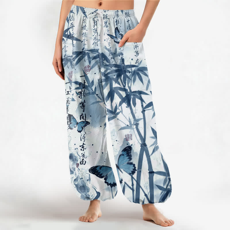 Buddha Stones Pantaloni harem da donna in cotone con stampa a farfalle di bambù e vita elasticizzata, con tasche laterali. - Ciano chiaro - US16, UK/AU20, EU48 (3XL) - image 10