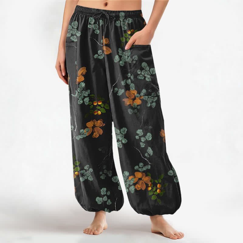 Buddha Stones Pantaloni harem da donna in cotone con elastico in vita e motivo floreale botanico in stile bohémien, con tasche laterali. - Nero - US16, UK/AU20, EU48 (3XL) - image 0