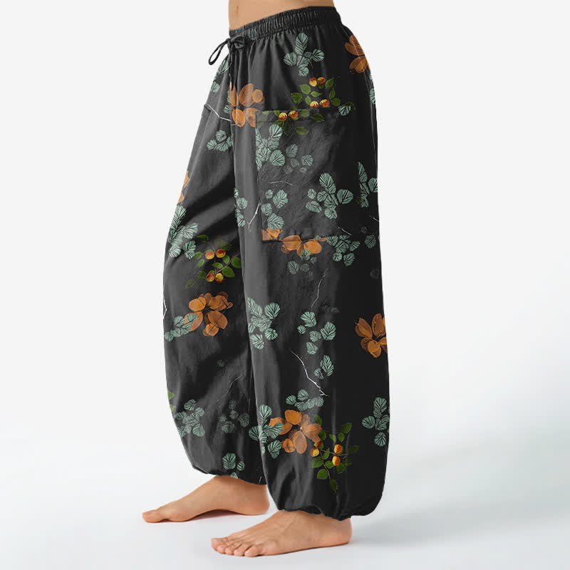 Buddha Stones Pantaloni harem da donna in cotone con elastico in vita e motivo floreale botanico in stile bohémien, con tasche laterali. - image 1