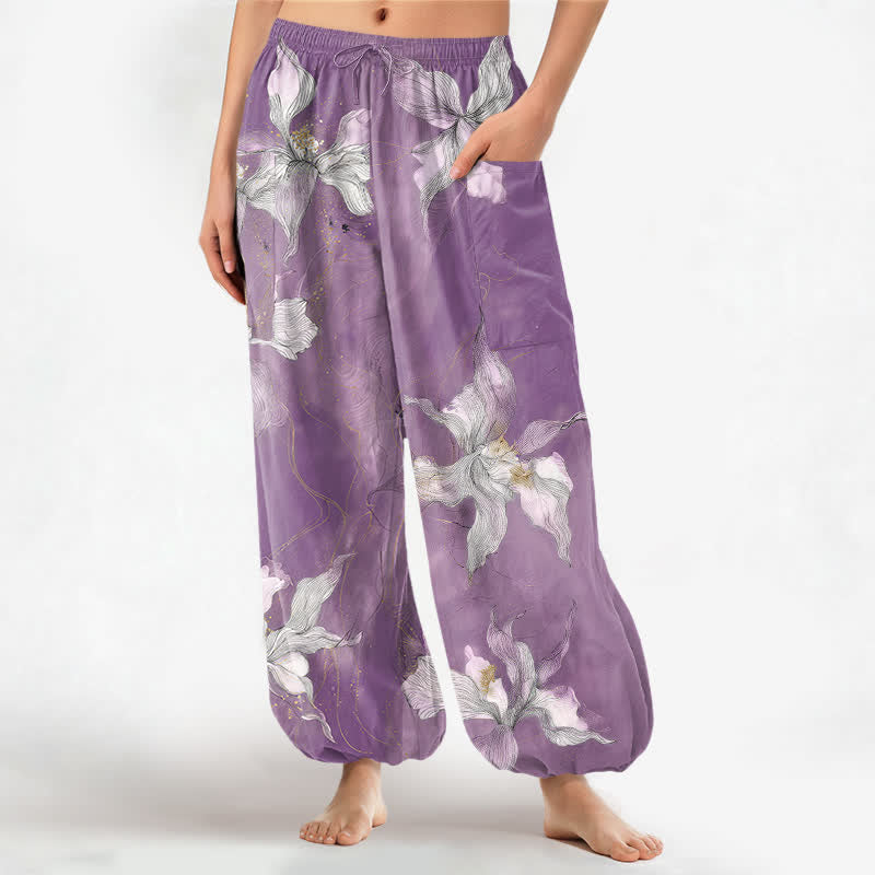 Buddha Stones Pantaloni harem da donna in cotone vintage bianco con fantasia floreale e vita elasticizzata, con tasche laterali. - Orchidea media - US16, UK/AU20, EU48 (3XL) - image 0