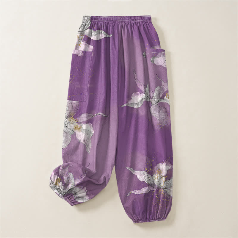 Buddha Stones Pantaloni harem da donna in cotone vintage bianco con fantasia floreale e vita elasticizzata, con tasche laterali. - image 4