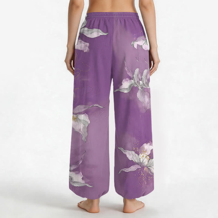 Buddha Stones Pantaloni harem da donna in cotone vintage bianco con fantasia floreale e vita elasticizzata, con tasche laterali. - image 2