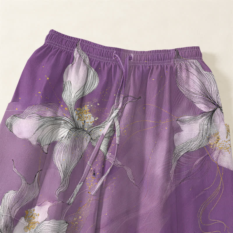Buddha Stones Pantaloni harem da donna in cotone vintage bianco con fantasia floreale e vita elasticizzata, con tasche laterali. - image 5