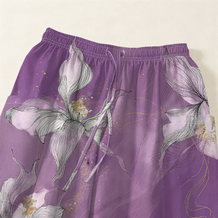 Buddha Stones Pantaloni harem da donna in cotone vintage bianco con fantasia floreale e vita elasticizzata, con tasche laterali. - image 5