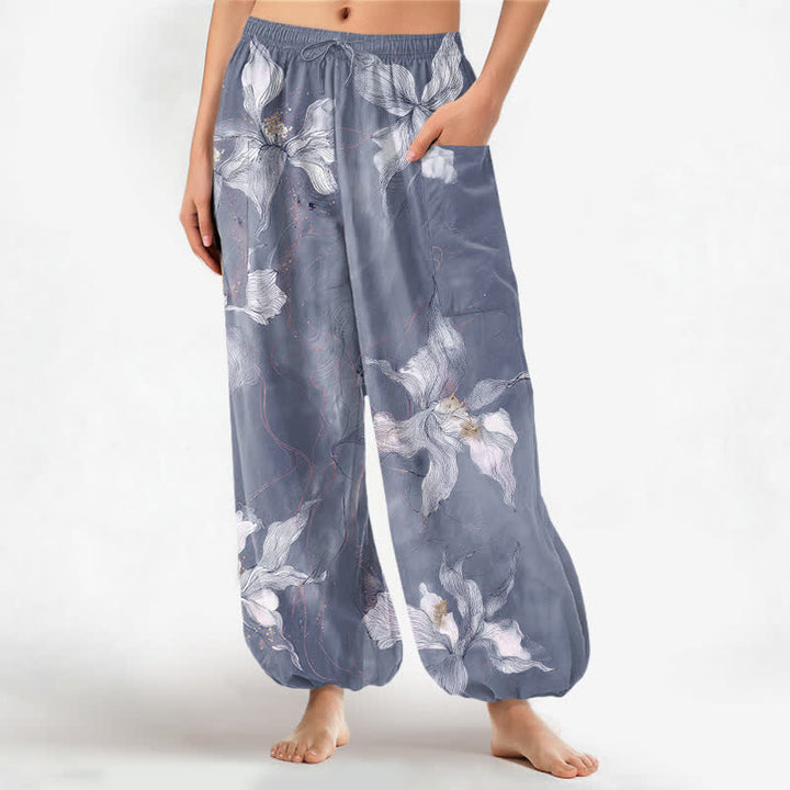 Buddha Stones Pantaloni harem da donna in cotone vintage bianco con fantasia floreale e vita elasticizzata, con tasche laterali. - SteelBlue - US16, UK/AU20, EU48 (3XL) - image 7