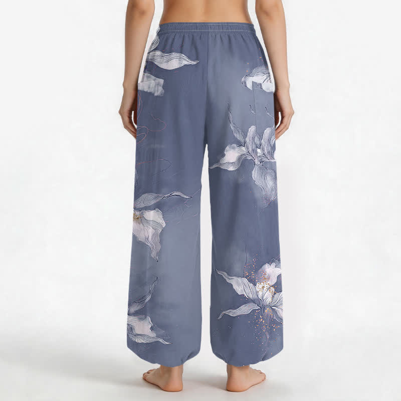 Buddha Stones Pantaloni harem da donna in cotone vintage bianco con fantasia floreale e vita elasticizzata, con tasche laterali. - image 9