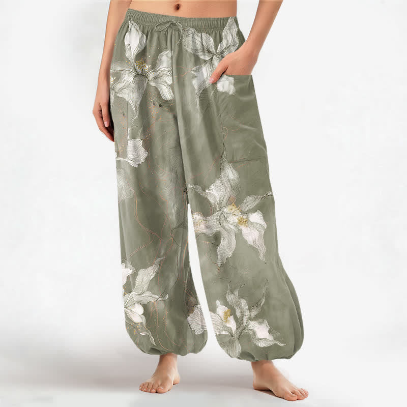 Buddha Stones Pantaloni harem da donna in cotone vintage bianco con fantasia floreale e vita elasticizzata, con tasche laterali. - GialloVerde - US16, UK/AU20, EU48 (3XL) - image 10