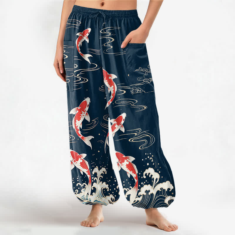 Buddha Stones Pantaloni harem da donna in cotone con elastico in vita e motivo onde marine e carpe koi, con tasche laterali. - Marina - US16, UK/AU20, EU48 (3XL) - image 0