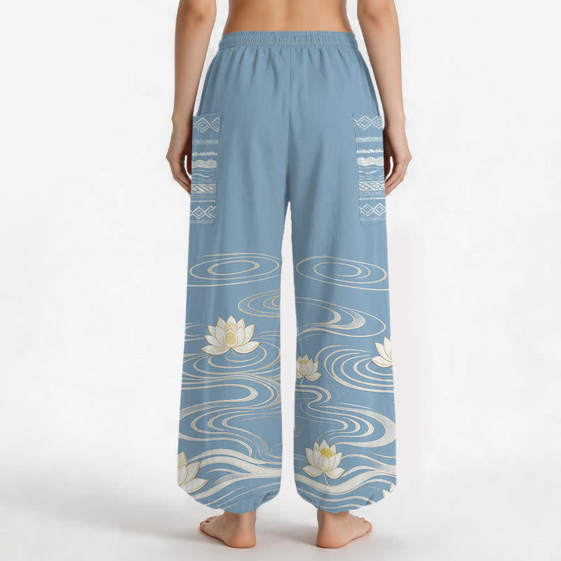 Buddha Stones Pantaloni harem da donna in cotone con motivo a onde di loto e vita elasticizzata, con tasche laterali. - image 2