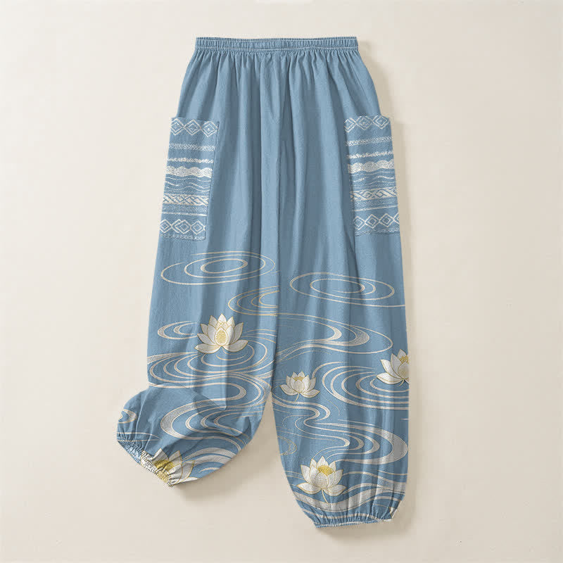 Buddha Stones Pantaloni harem da donna in cotone con motivo a onde di loto e vita elasticizzata, con tasche laterali. - image 4