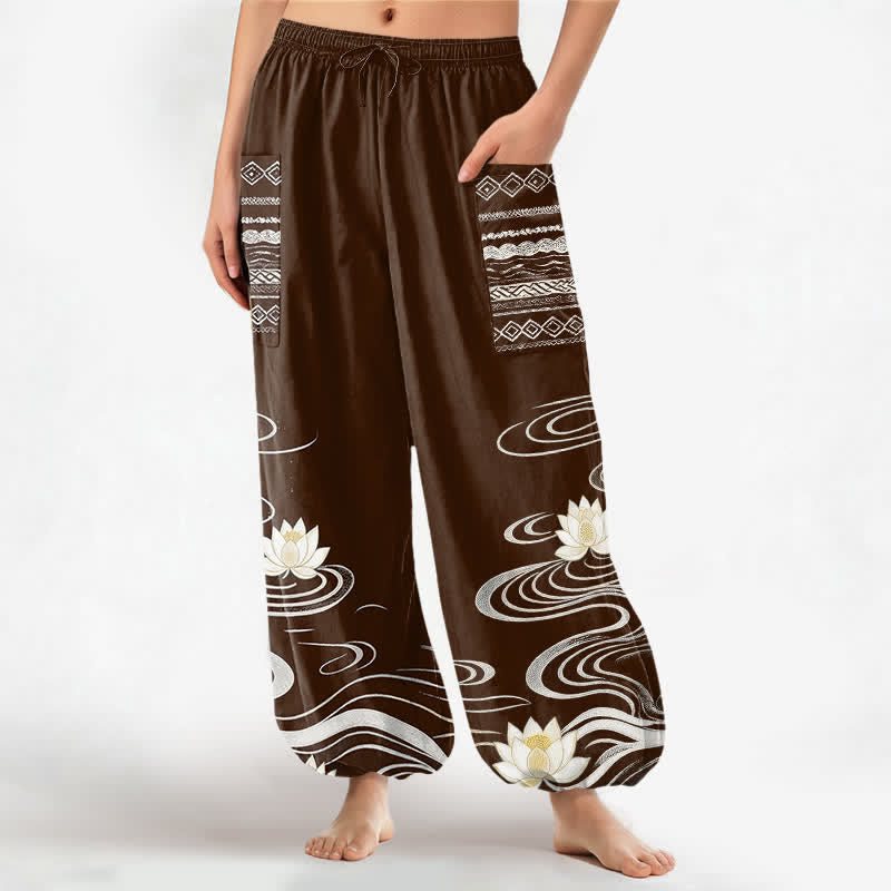 Buddha Stones Pantaloni harem da donna in cotone con motivo a onde di loto e vita elasticizzata, con tasche laterali. - Marrone sella - US16, UK/AU20, EU48 (3XL) - image 7