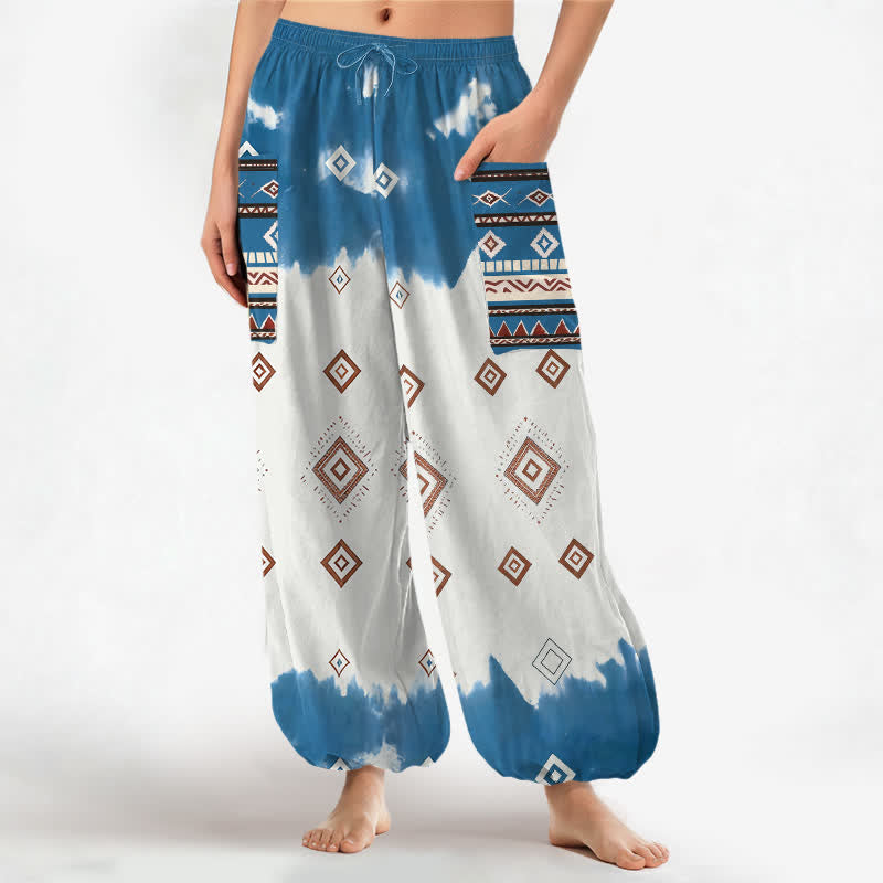 Buddha Stones Pantaloni harem da donna in cotone stile bohémien con motivo geometrico a rombi, elastico in vita e tasche laterali. - DodgerBlue - US16, UK/AU20, EU48 (3XL) - image 0