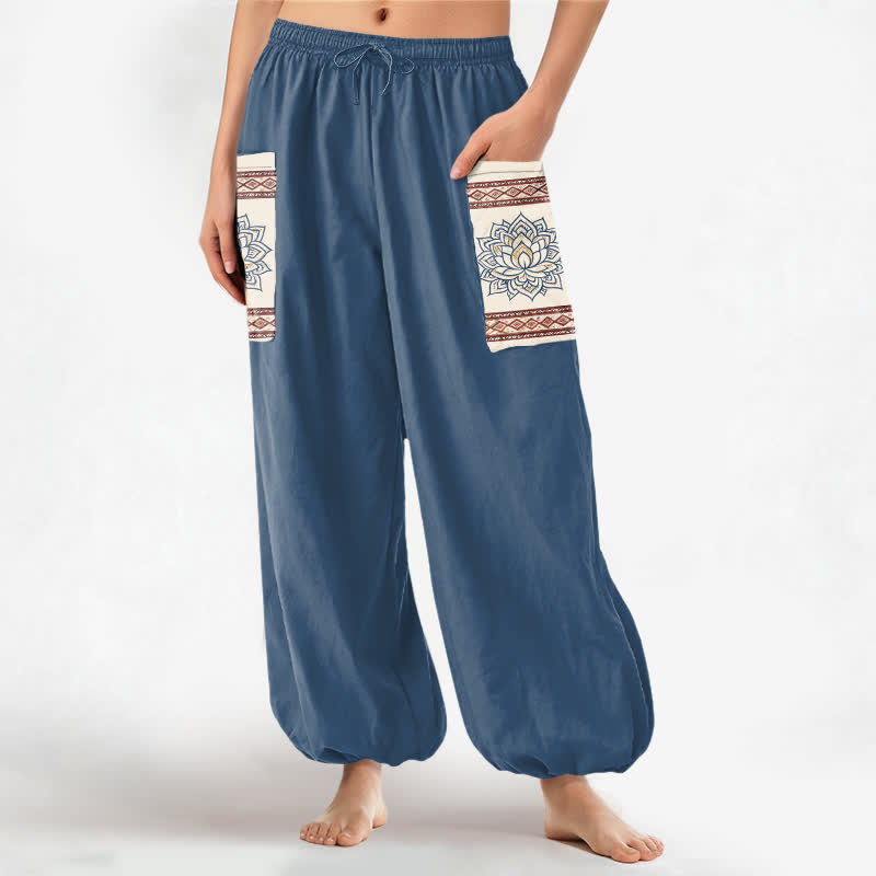 Buddha Stones Pantaloni harem da donna in cotone stile bohémien con motivo mandala di loto e vita elasticizzata, con tasche laterali. - SteelBlue - US16, UK/AU20, EU48 (3XL) - image 0