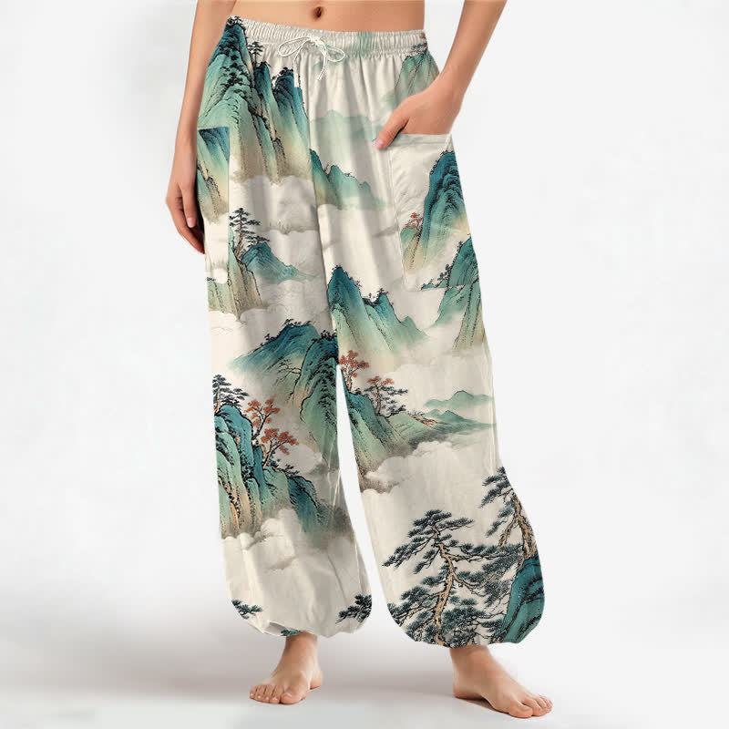 Buddha Stones Pantaloni harem da donna in cotone con elastico in vita e motivo paesaggistico di pini e montagne, con tasche laterali. - Biancheria - US16, UK/AU20, EU48 (3XL) - image 0