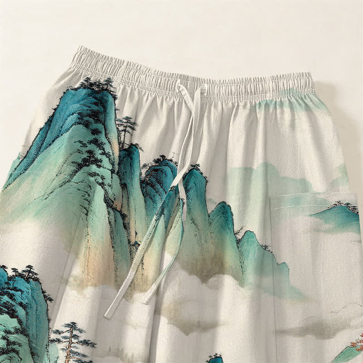 Buddha Stones Pantaloni harem da donna in cotone con elastico in vita e motivo paesaggistico di pini e montagne, con tasche laterali. - image 5