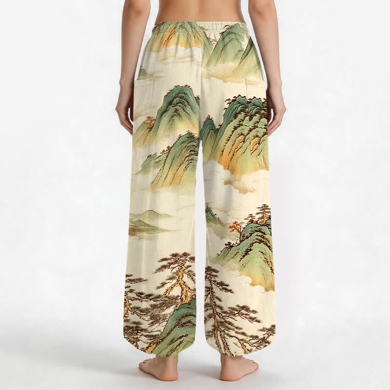 Buddha Stones Pantaloni harem da donna in cotone con elastico in vita e motivo paesaggistico di pini e montagne, con tasche laterali. - image 9