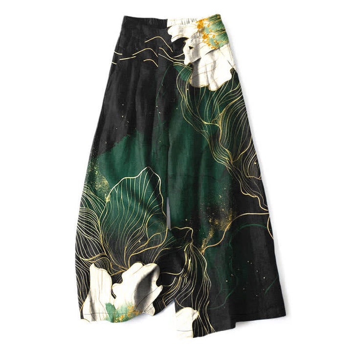 Buddha Stones Pantaloni da donna a gamba larga con elastico in vita e tasche, in cotone e lino, con fantasia floreale bianca. - Verde studentesco - US16, UK/AU20, EU48 (3XL) - image 0