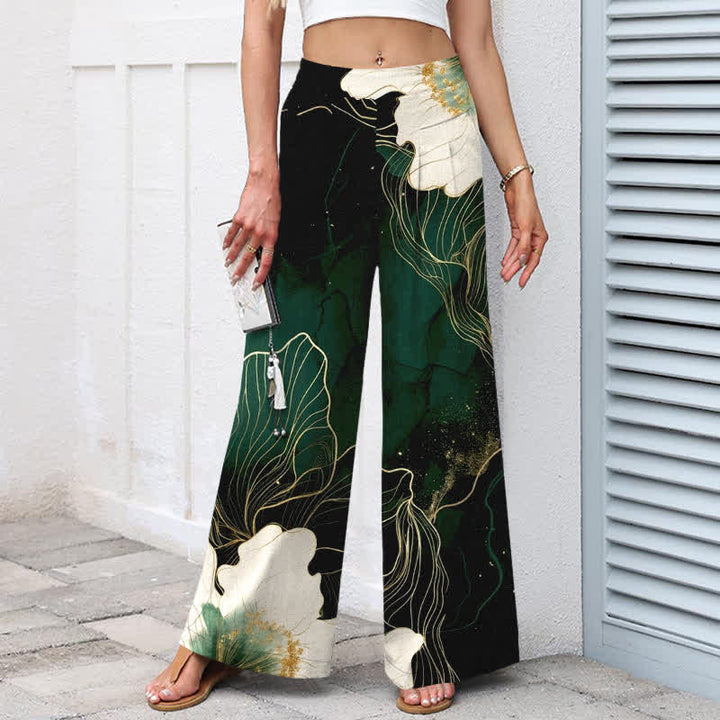 Buddha Stones Pantaloni da donna a gamba larga con elastico in vita e tasche, in cotone e lino, con fantasia floreale bianca. - image 1