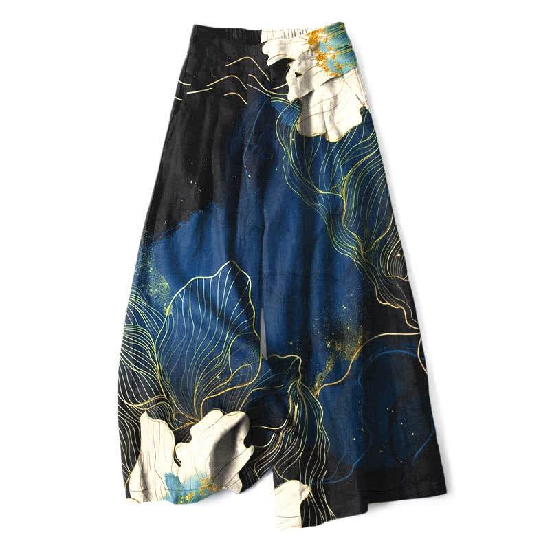 Buddha Stones Pantaloni da donna a gamba larga con elastico in vita e tasche, in cotone e lino, con fantasia floreale bianca. - Marina - US16, UK/AU20, EU48 (3XL) - image 4