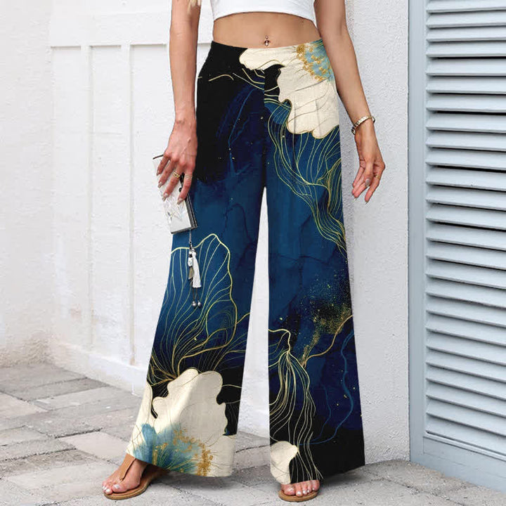 Buddha Stones Pantaloni da donna a gamba larga con elastico in vita e tasche, in cotone e lino, con fantasia floreale bianca. - image 5